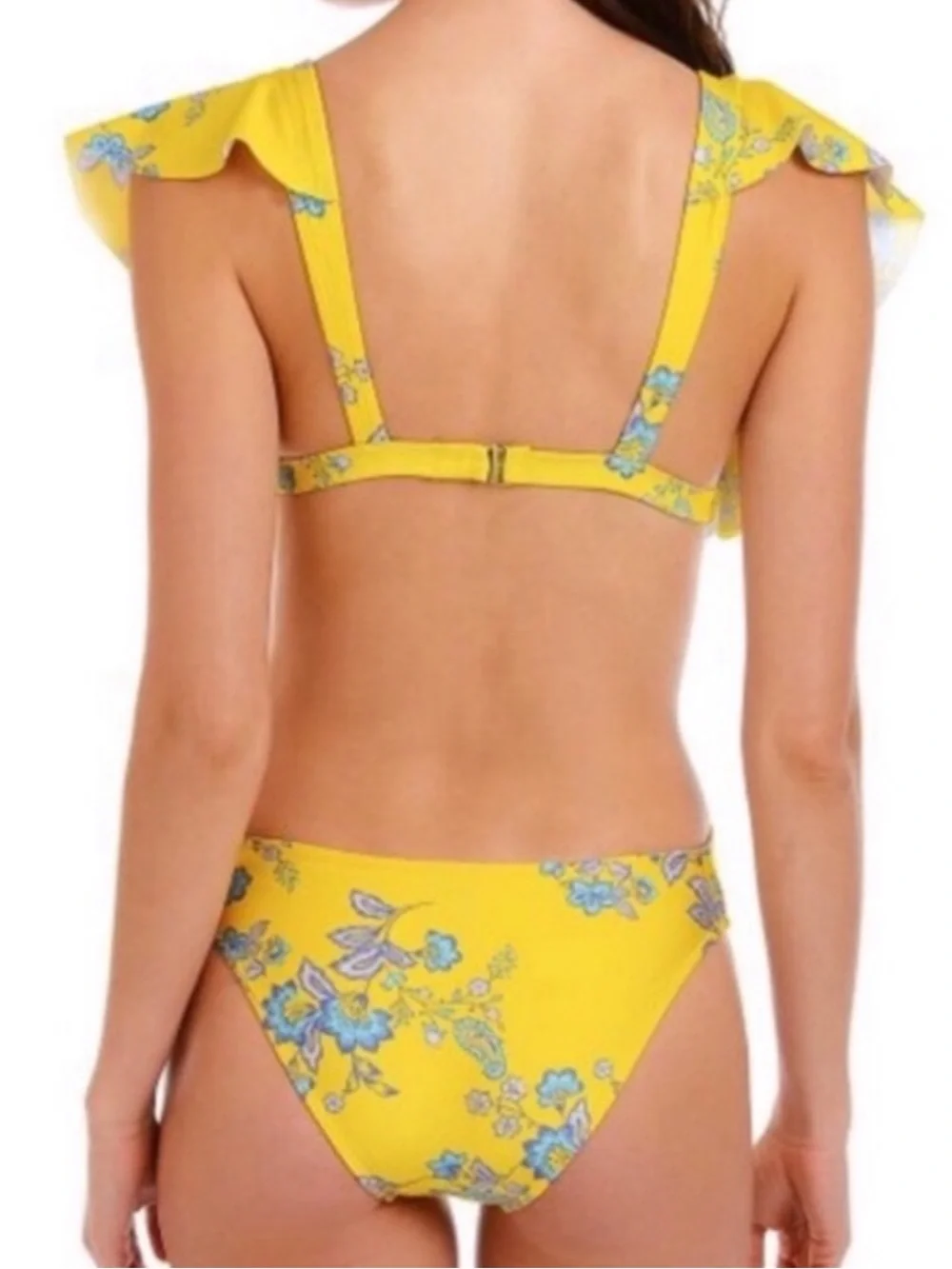 Sam Edelman Yellow‎ Floral Ruffle One-Piece Swimsuit with Blue Print